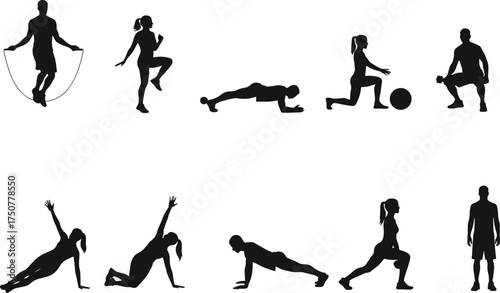 Silhouette vector illustration of people doing fitness exercises, workout training, gym activities, aerobic movements, bodyweight workouts, healthy lifestyle sport concept