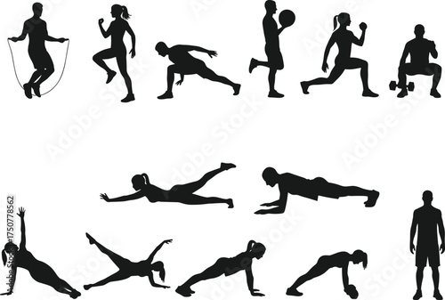 Silhouette vector illustration of men and women performing various fitness exercises, gym training, yoga poses, aerobic movements, healthy active lifestyle