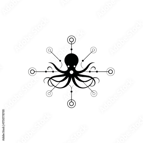 Symmetrical black octopus icon at the center of a geometric network, symbolizing connectivity and intelligence.