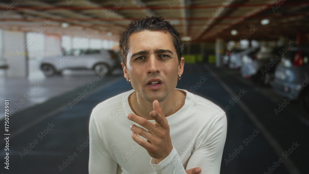 Fototapeta premium Young hispanic man indoors in a parking area with a curious expression surrounded by cars wearing a white shirt and looking directly at the camera under artificial lighting