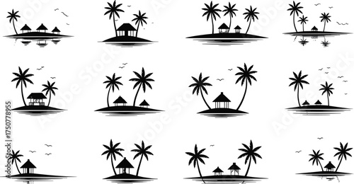 Silhouette vector illustration of tropical island landscape with palm trees, huts, seaside cottages, exotic beach houses, vacation resort design and summer holiday