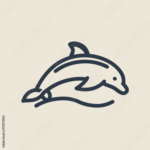 A minimalist line art illustration of a dolphin jumping over a wave.