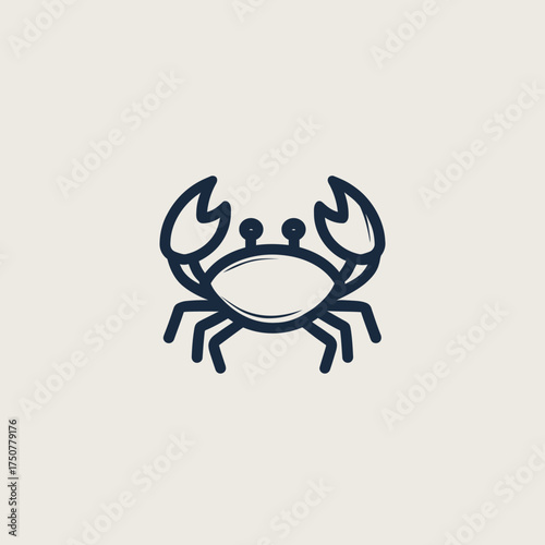 A simple, minimalist line art illustration of a crab with large claws, presented as a clean icon or logo on a plain background.