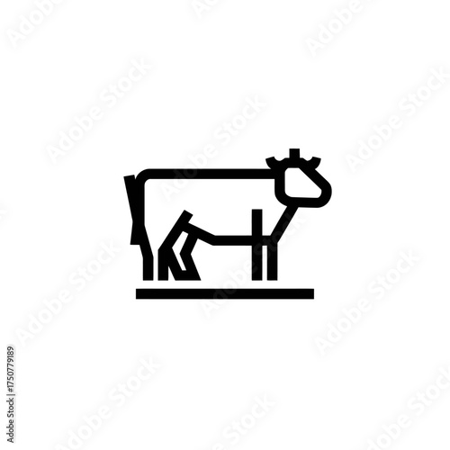 Simple black and white line drawing of a cow standing on a horizontal line, side view.