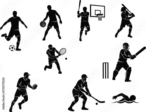 Silhouette vector of athletes playing soccer, basketball, baseball, tennis, cricket, football, hockey, and swimming in dynamic sports poses