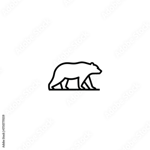 A minimalist black outline of a bear walking to the right on a white background.
