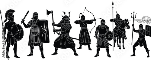 Silhouette vector of historical warriors including samurai, knight, gladiator, archer, Roman soldier, Greek hoplite, horse rider, medieval fighter