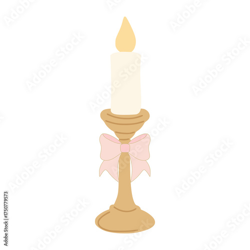 Elegant candle in candlestick with pink bow illustration