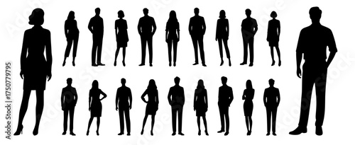 silhouettes set of standing people male and female full body front view with body gesture isolated on white background. Crowd, group of people vector illustration