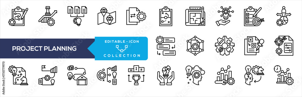 Fototapeta premium Project Planning Icon Collection. Containing action plan, growth strategy, project planning, vision mapping, execution plan, blueprint design, problem solving