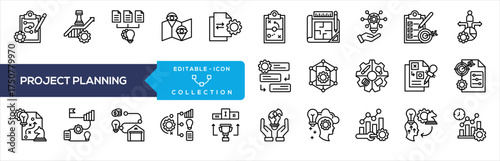 Project Planning Icon Collection. Containing action plan, growth strategy, project planning, vision mapping, execution plan, blueprint design, problem solving