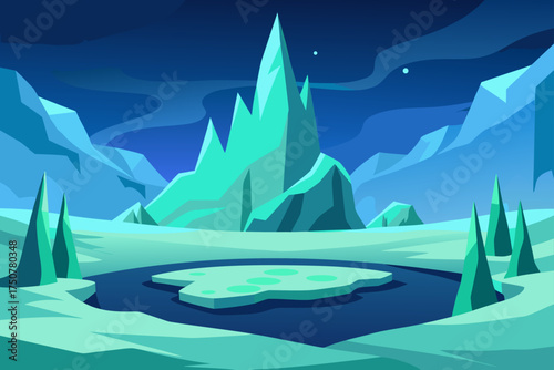 Magical frozen tundra landscape aurora lights vector illustration