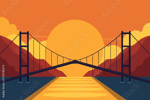 Golden suspension bridge over river at sunset vector illustration