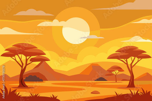 Golden savanna landscape blazing midday sun vector illustration