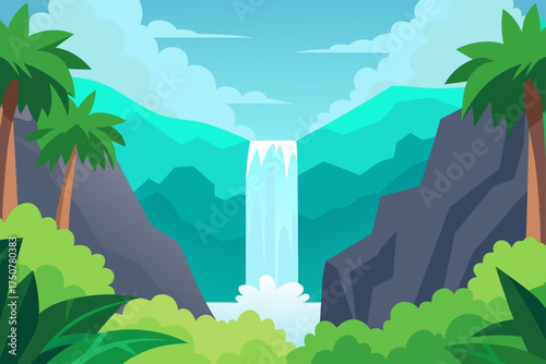 Vibrant jungle waterfall scene under bright blue sky vector illustration