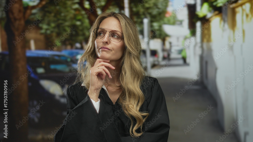 Fototapeta premium Woman judge in outdoor black uniform pondering on street with thoughtful expression surrounded by cars and greenery.