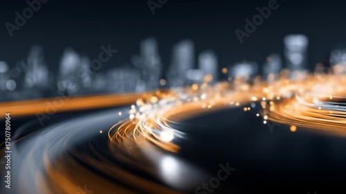 Abstract digital illustration of swirling orange and gray light trails over a cityscape background.
