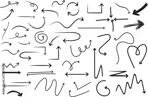 Hand Drawn Arrow Collection. sketchy Doodle Vector, Arrows directional doodle graphics of various arrows pointing in different directions.