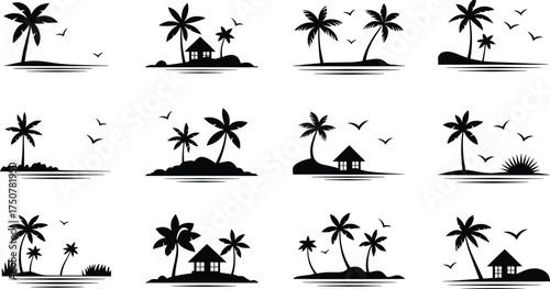 Silhouette vector illustration of tropical beach with palm trees, huts, seaside cottages, exotic island houses, summer holiday landscape and vacation design