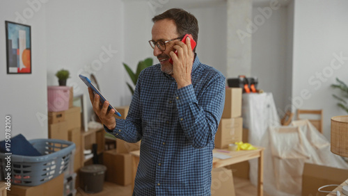 Hispanic man holding phone and tablet in living room filled with moving boxes, showcasing communication and multitasking in a new home setting.