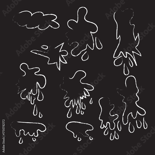 Hand drawn dripping paint splashes and blobs in white outline on a black background
