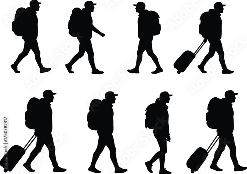 Silhouette vector set of walking travelers with backpacks and suitcases, showing motion, journey, travel lifestyle, adventure, and exploration themes