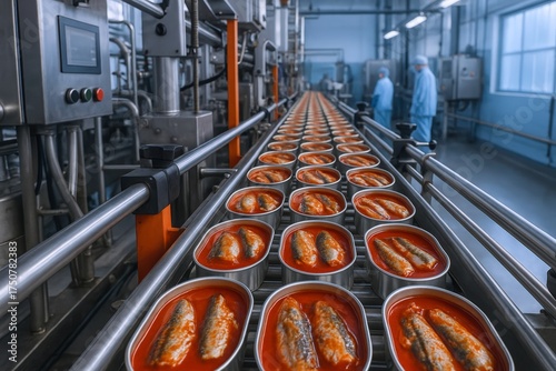 Automated sardine production line efficiently fills fresh fish into vibrant red sauce cans moving along a gleaming conveyor belt in a modern food factory