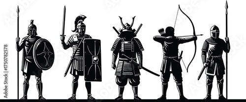 Silhouettes of ancient warriors from Greece, Rome, Japan, England, and Europe showcasing historical armor, weapons, and cultural military styles