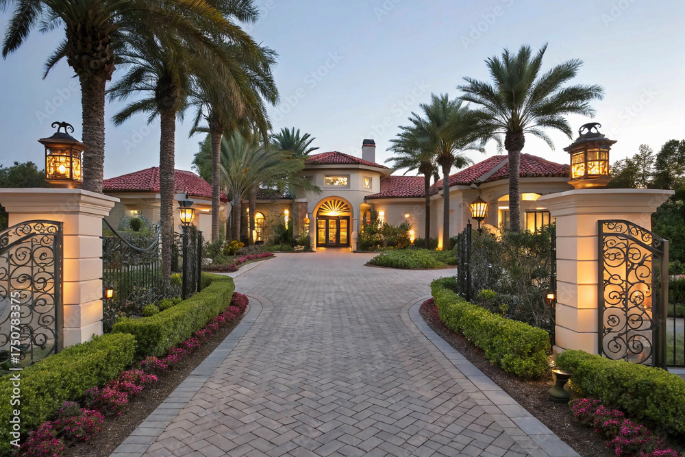 Fototapeta premium A beautiful Mediterranean-style mansion at twilight, with a winding driveway and warm, inviting exterior lighting.