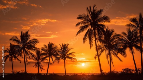 The sun sets on the horizon casting warm orange and yellow hues across the sky while tall palm trees create a striking silhouette against the backdrop of the ocean.