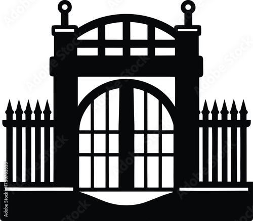 Black silhouette arch gate with vertical bars and small square patterns a simple design for entrance garden or property