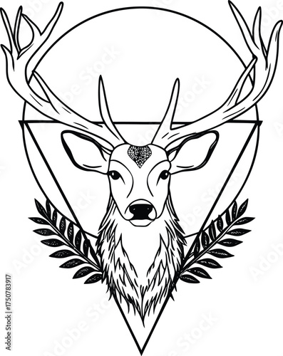 Elegant Deer Head Silhouette with Antlers and Wreath: Minimalist Black and White Icon