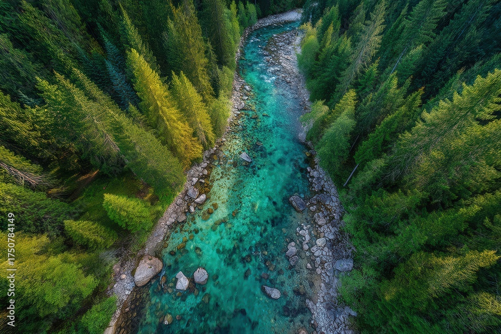 Obraz premium Serene Aerial Perspective of a Crystal Clear River Meandering Through Lush Green Pine Forests and Rocky Shores Capturing Nature's Breathtaking Beauty and Tranquility