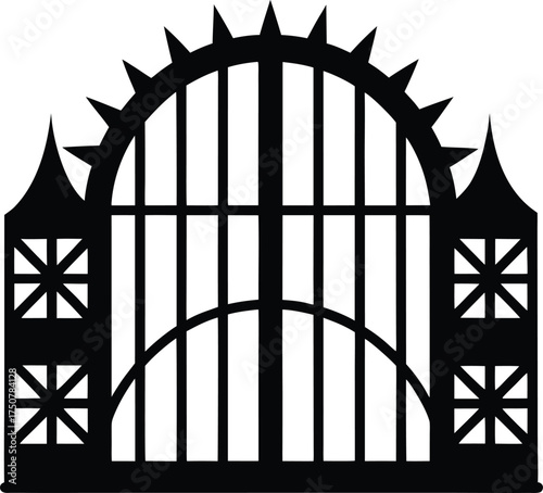 Spiked fortress gate silhouette vector graphic intimidating castle entrance archway design dark medieval portal art isolated
