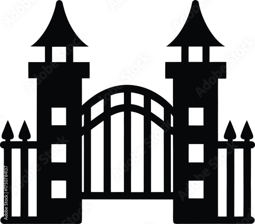 Grand Entrance Gates Vector Silhouette Mansion Barrier Ironwork Security Entry Castle Royal Estate Access Point Decorative Fencing