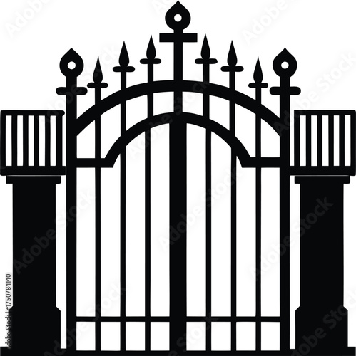 Wrought Iron Gates Vector Silhouette Elegant Entrance Fence Columns Security Barrier Entry Point Decorative Arch Fencing Estate