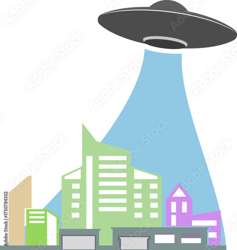 Icon of a flying glowing UFO over the city.