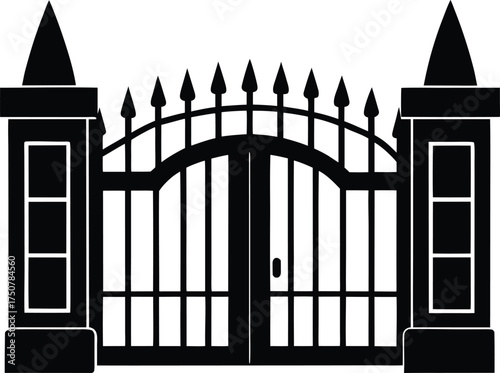 Black Silhouette Ornate Iron Gate Vector Illustration Isolated on Transparent Background Elegant Entrance with Pointed Finials