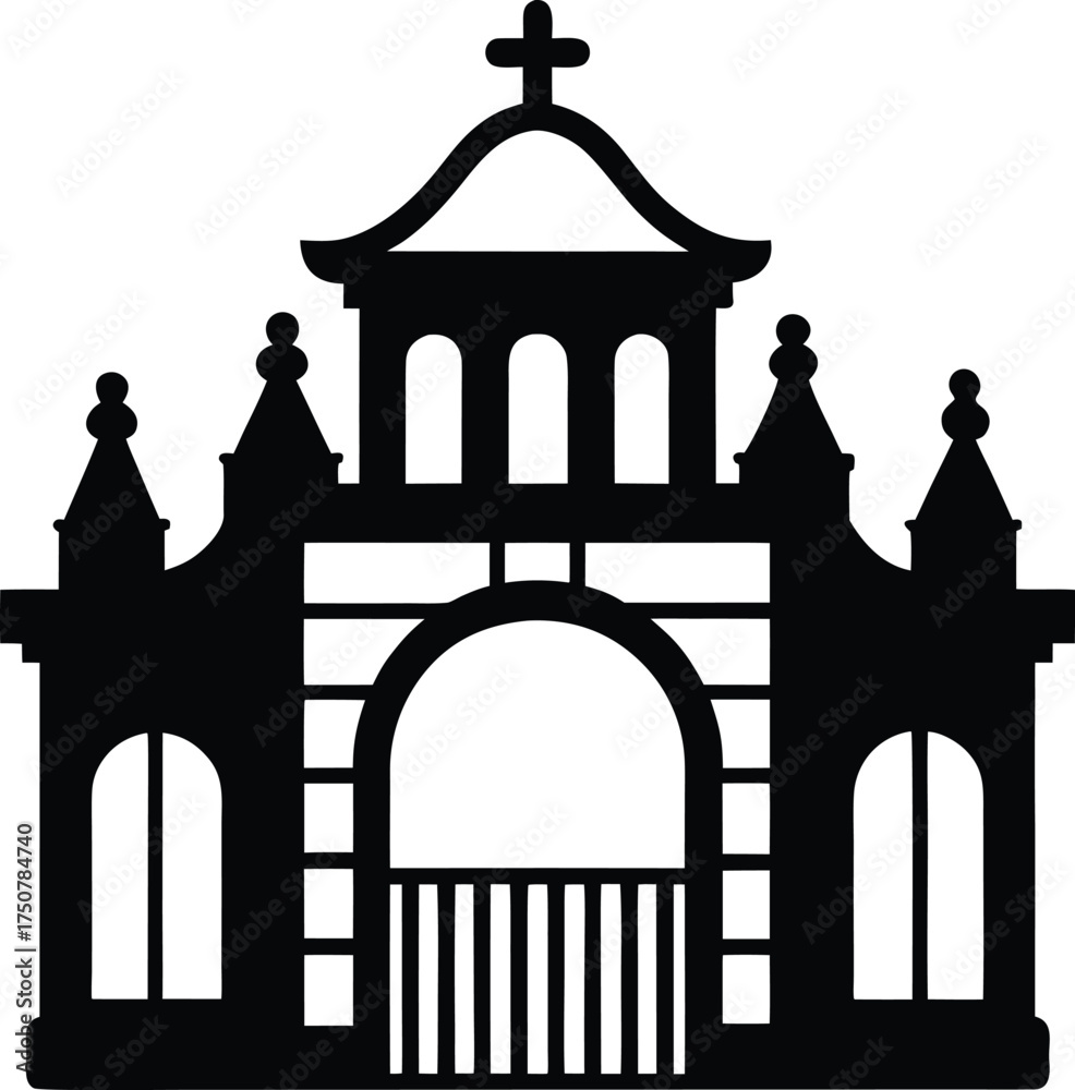 Obraz premium Silhouette ornate church gate entrance with cross vector illustration design element, architectural religious structure outline graphic