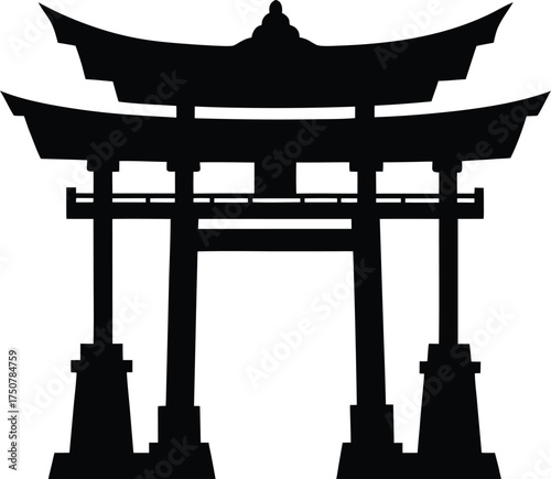 Japanese Torii gate silhouette illustration vector, traditional Shinto shrine archway outline graphic design element