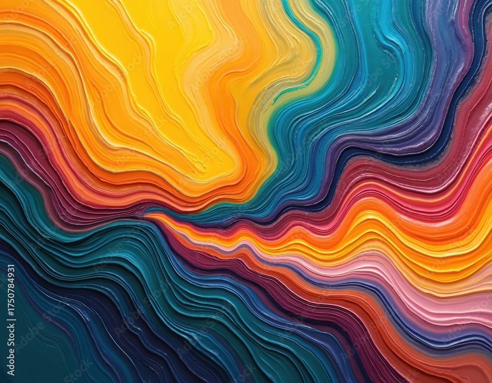 Obraz premium Colorful abstract wave pattern background. Vibrant swirling lines of paint in shades of yellow orange blue purple. Modern artistic design with fluid texture. Contemporary art piece with expressive