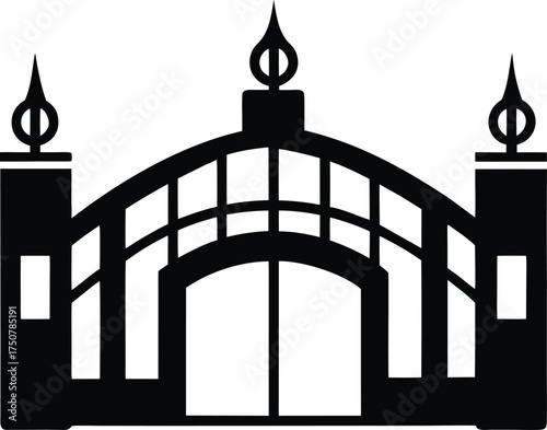Elegant Arch Gate Silhouette Ornamental Spikes Fence Design Classic Entryway Wrought Iron Security Barrier Vector Art