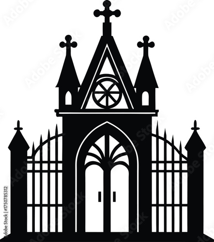 Gothic church gate silhouette medieval cathedral entrance religious building historical architecture dark design