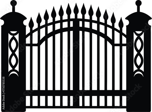 Forged Iron Fence Gate Silhouette Vector Modern Property Entrance Design Black Metal Barrier Security Home Landscape Element