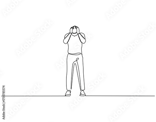 Continuous line drawing of sad businessman. Single line illustration of businessman depressed. Work trouble concept. Editable outline