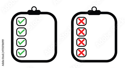 Clipboard icon set. Checklist on the clipboard line icon with checkmarks, checklist, document, icons.  green check mark and red cross mark. vector illustration