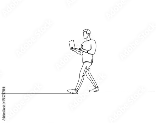 Continuous line drawing of walking man holding laptop. Single line illustration of man standing while holding laptop. Mobile working concept. Editable outline