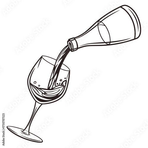 A black and white line drawing illustration of a wine bottle pouring red wine into a wine glass with bubbles and splashes