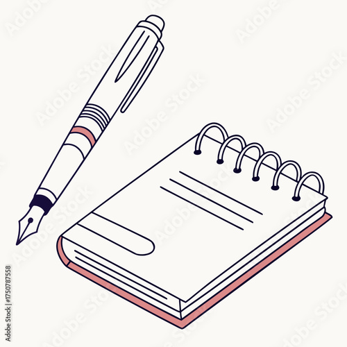 A classic fountain pen and a spiral bound notebook with lined pages and a pink cover depicted in a clean minimalist line art style on a light background