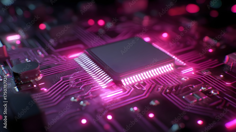 Fototapeta premium A glowing pink circuit board with a central processor and illuminated connections.